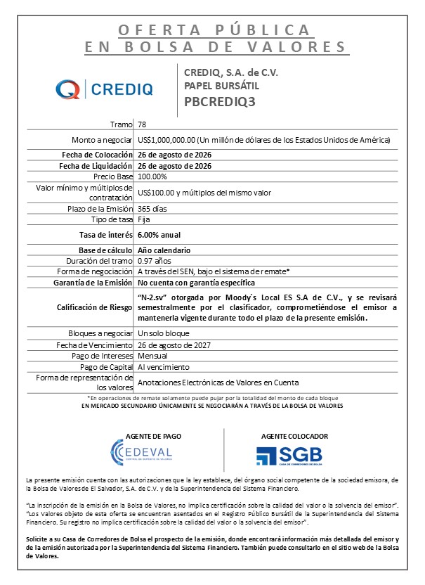 AVISO COLOCACION. PBCREDIQ3 T78