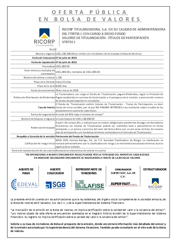 AVISO COLOCACION VTRTSS 1 SERIE I