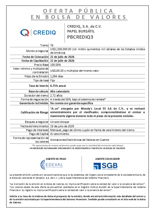 AVISO COLOCACION PBCREDIQ3 T76