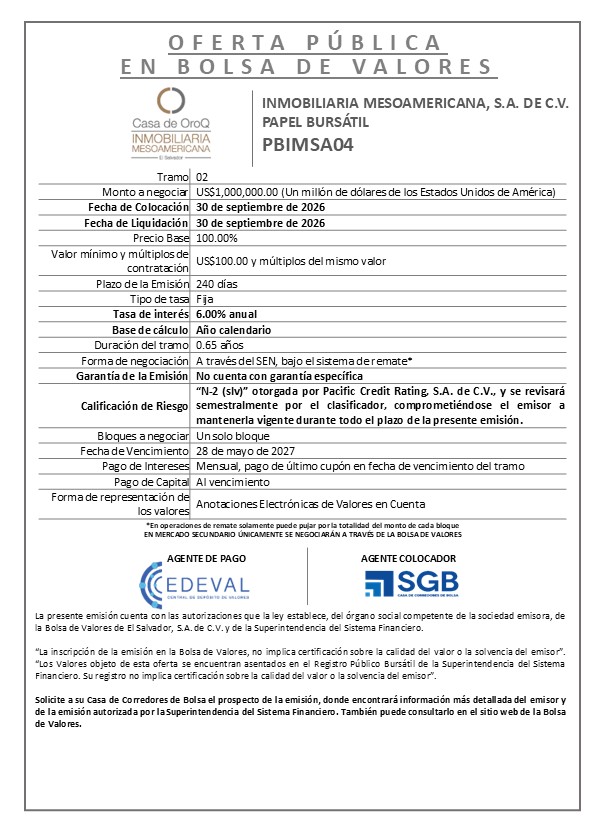 AVISO COLOCACION PBIMSA04 T 2