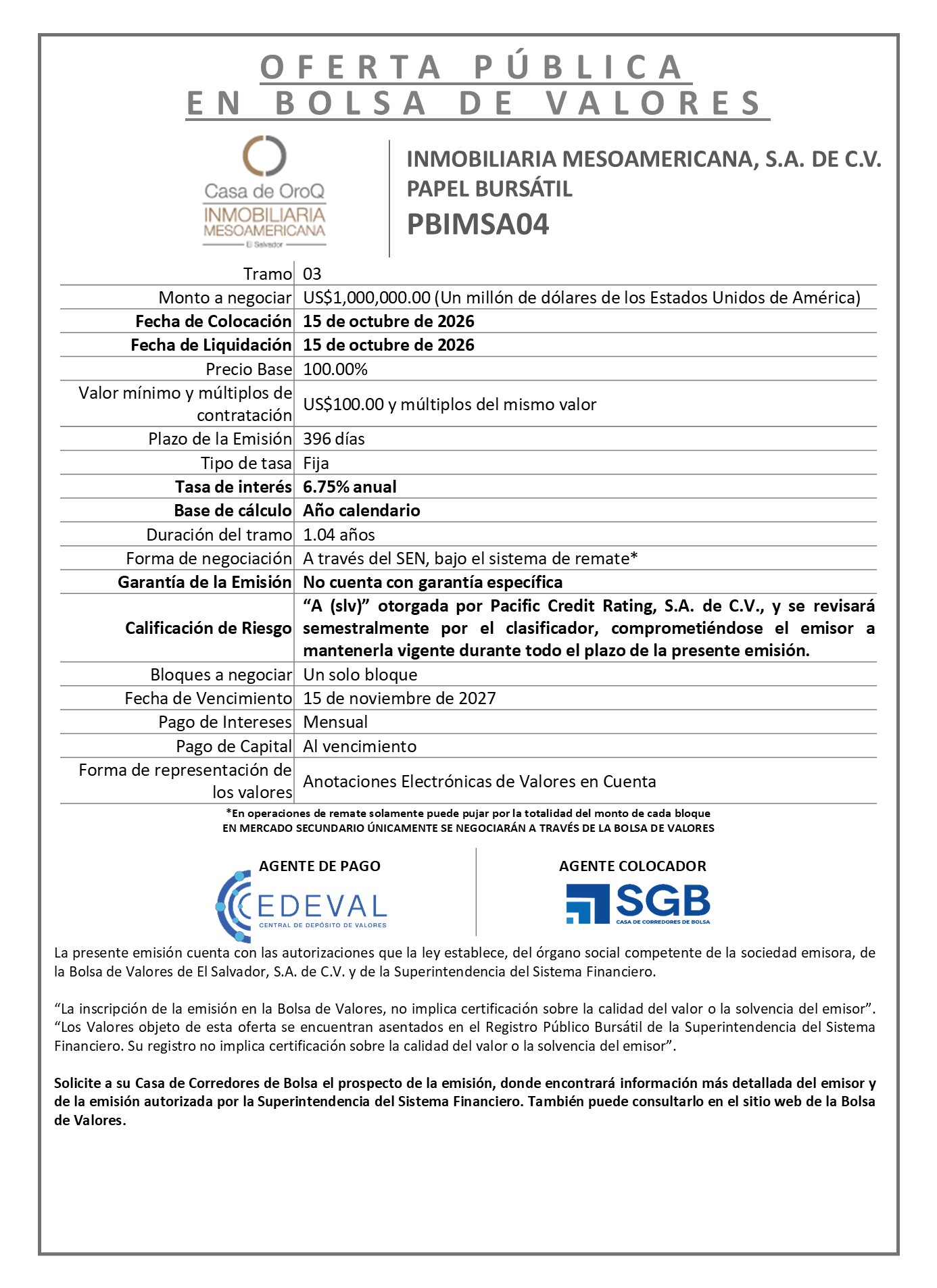 AVISO COLOCACION PBIMSA04 T 3