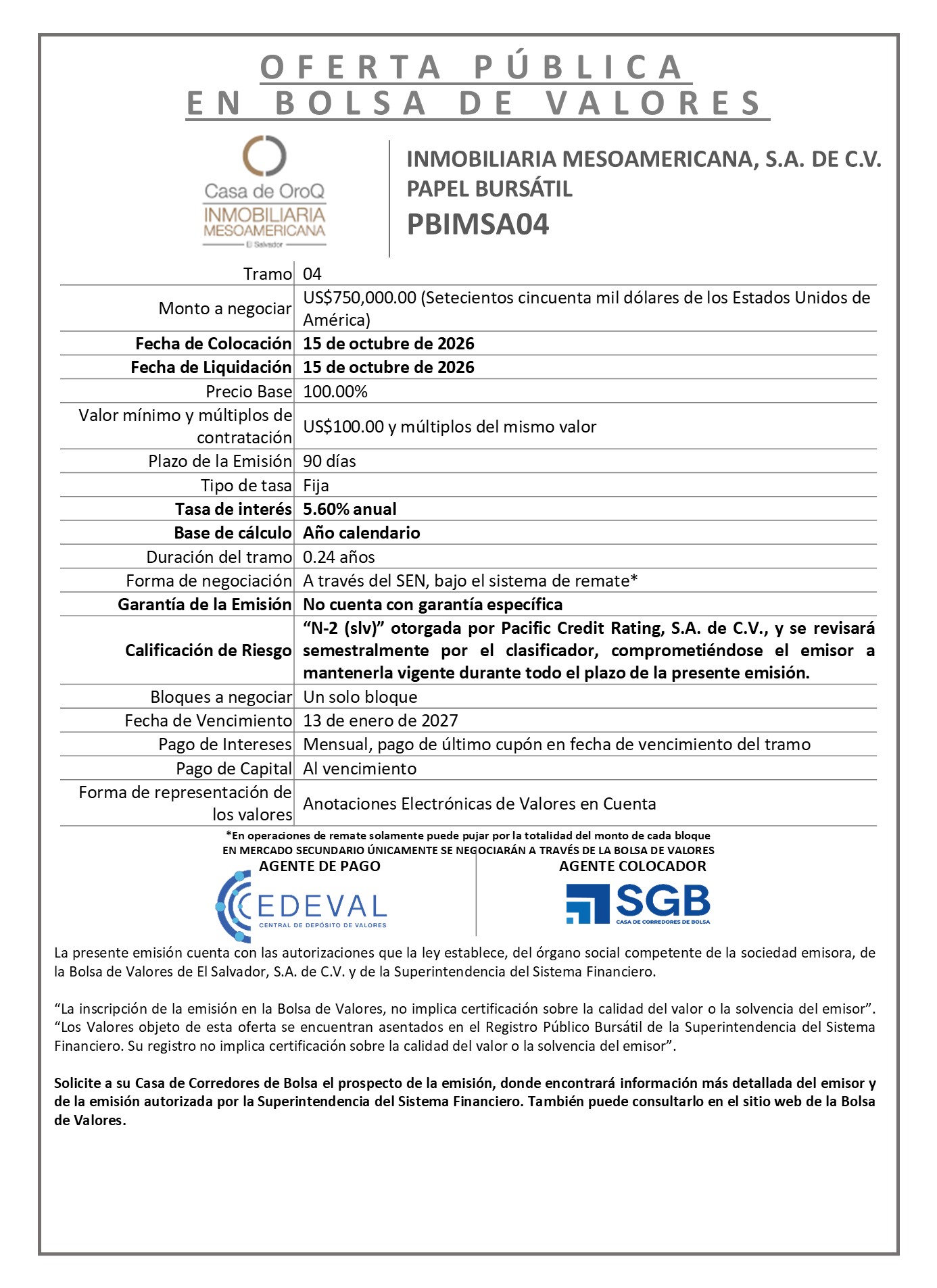 AVISO COLOCACION PBIMSA04 T 4