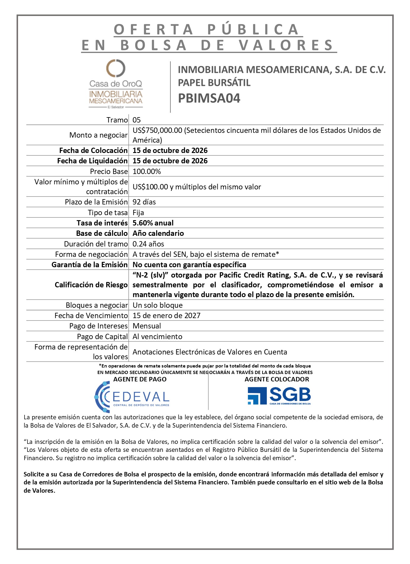 AVISO COLOCACION PBIMSA04 T 5
