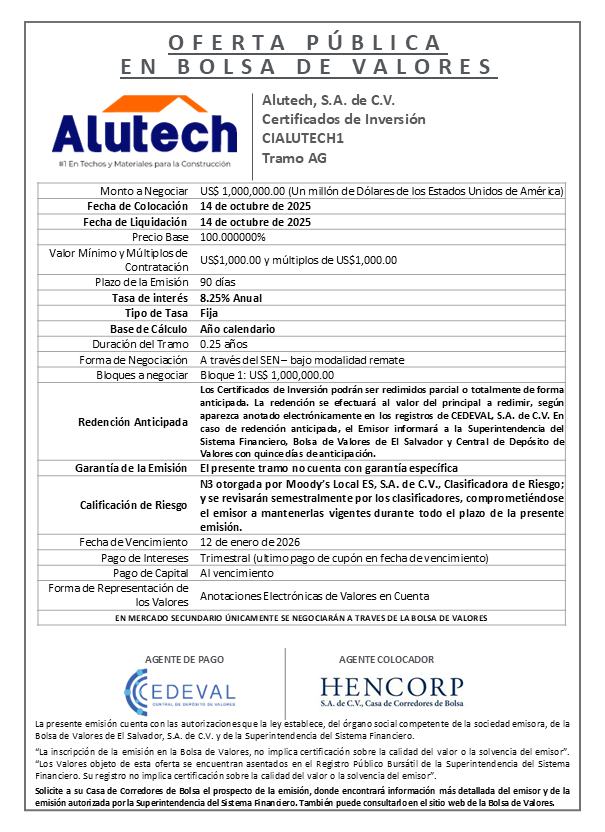 AVISO COLOCACIÓN CIALUTECH1 Tramo AG