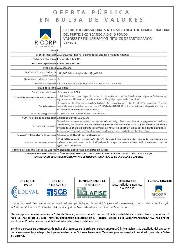 AVISO COLOCACIÓN FTIRTIZ1 SERIE S