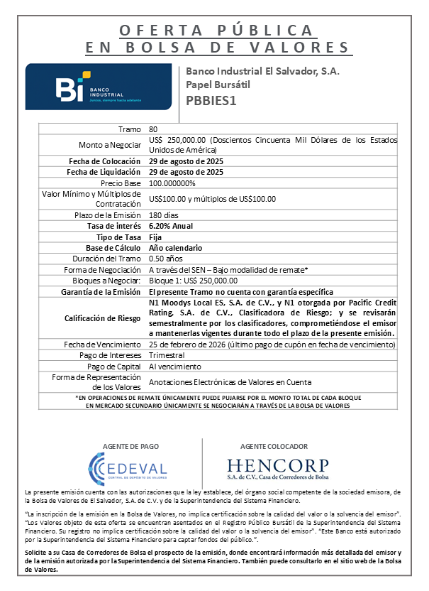 AVISO COLOCACIÓN PBBIES1 T 80