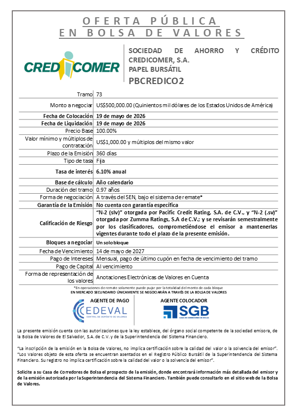 AVISO COLOCACIÓN PBCREDICO2 T73