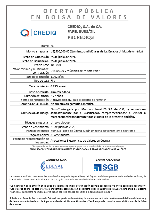 AVISO COLOCACIÓN PBCREDIQ3 T73