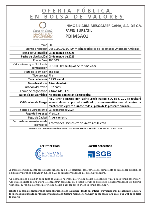AVISO COLOCACIÓN PBIMSA01 T60