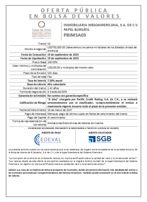 AVISO COLOCACIÓN PBIMSA03 T53