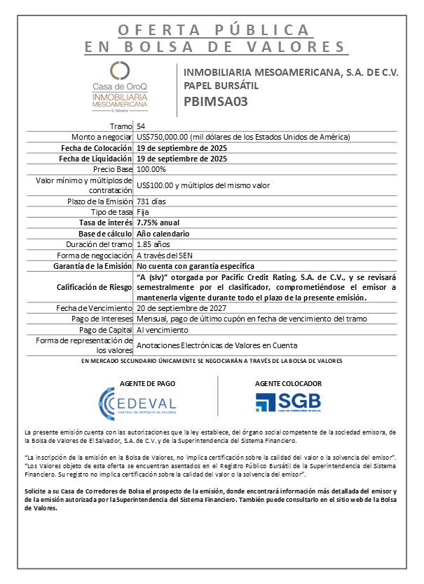 AVISO COLOCACIÓN PBIMSA03 T54