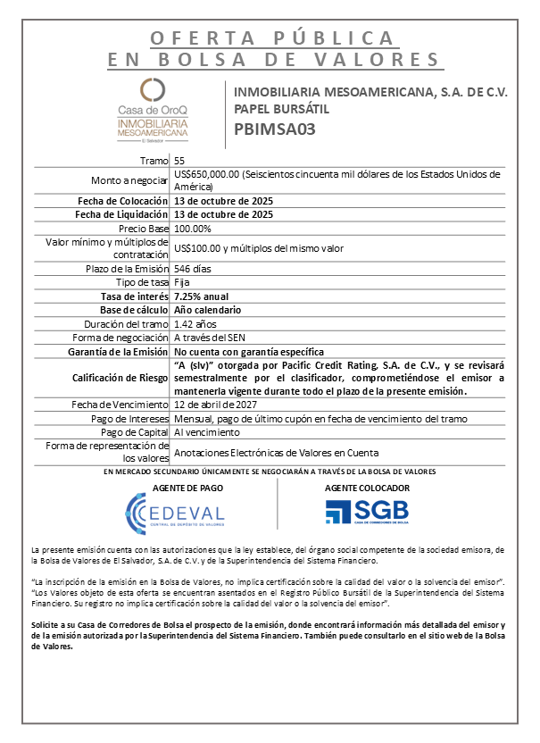 AVISO COLOCACIÓN PBIMSA03 T55