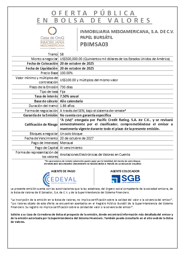 AVISO COLOCACIÓN PBIMSA03 T58