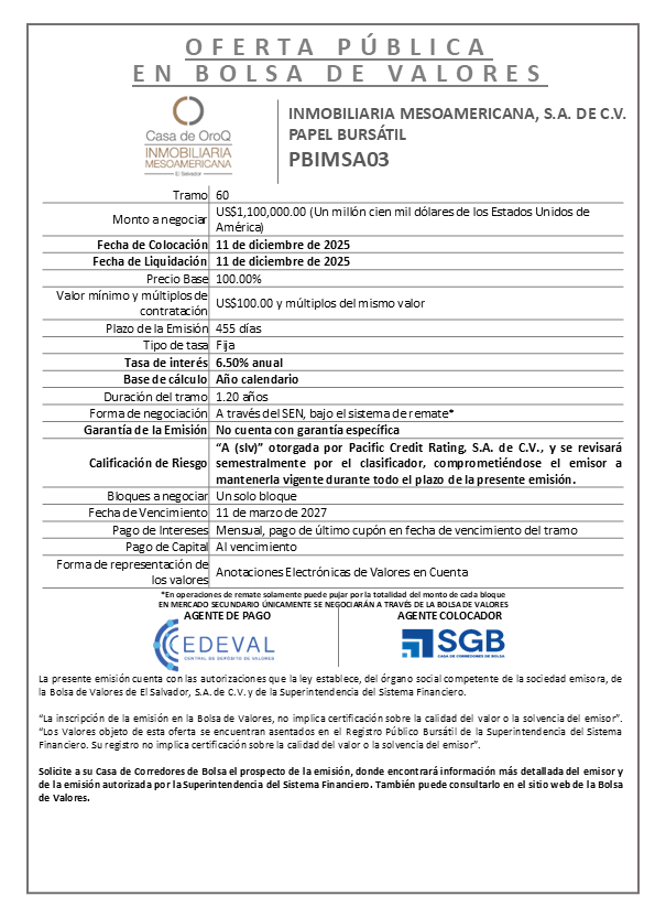 AVISO COLOCACIÓN PBIMSA03 T60