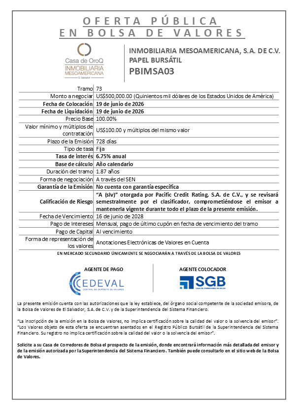 AVISO COLOCACIÓN PBIMSA03 T73