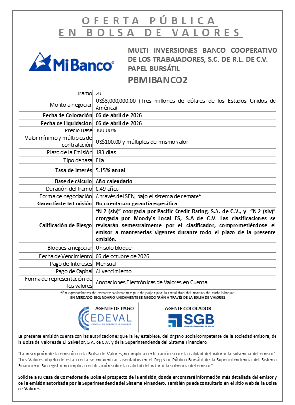 AVISO COLOCACIÓN PBMIBANCO2 T20