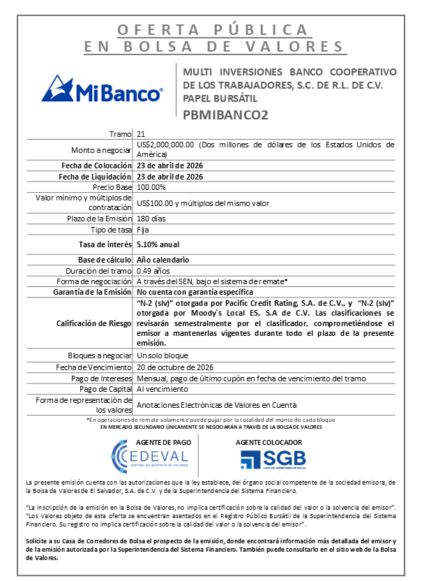 AVISO COLOCACIÓN PBMIBANCO2 T21