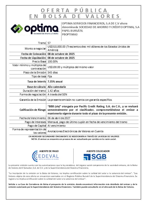 AVISO COLOCACIÓN PBOPTIMA3 T57