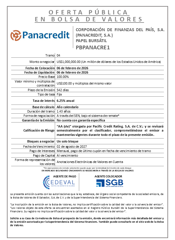 AVISO COLOCACIÓN PBPANACRE1 T4