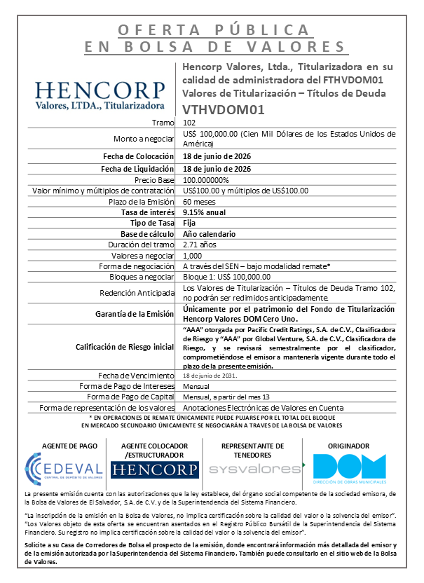 AVISO COLOCACIÓN VTHVDOM01 T102