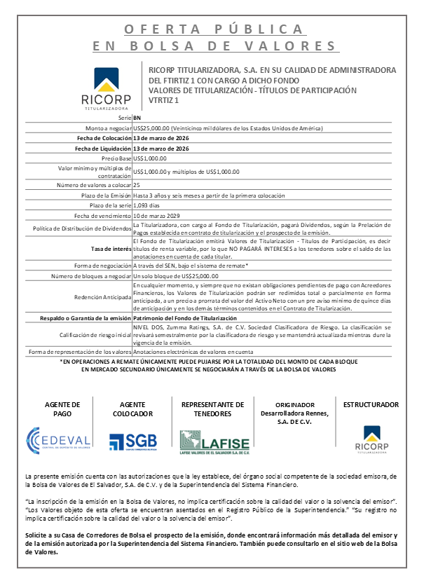 AVISO COLOCACIÓN VTRTIZ1 Serie BN