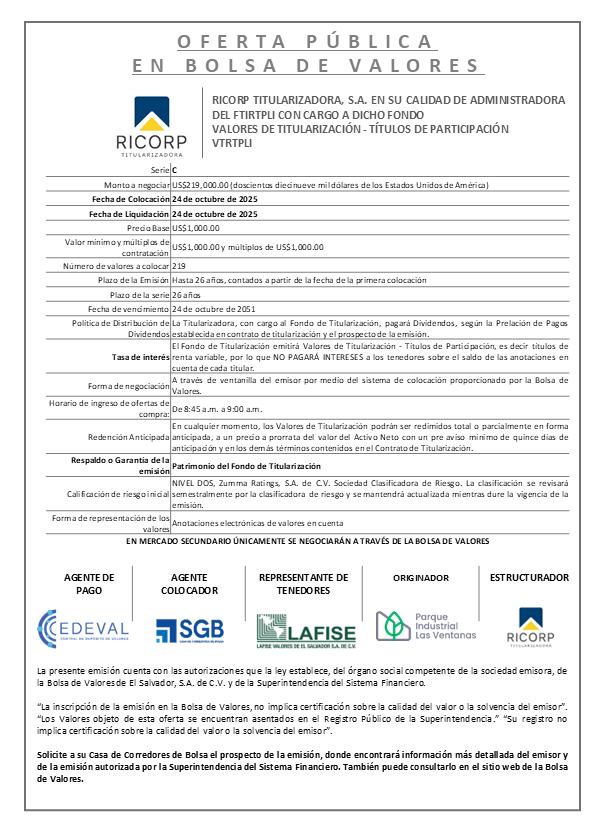 AVISO COLOCACIÓN VTRTPLI SERIE C
