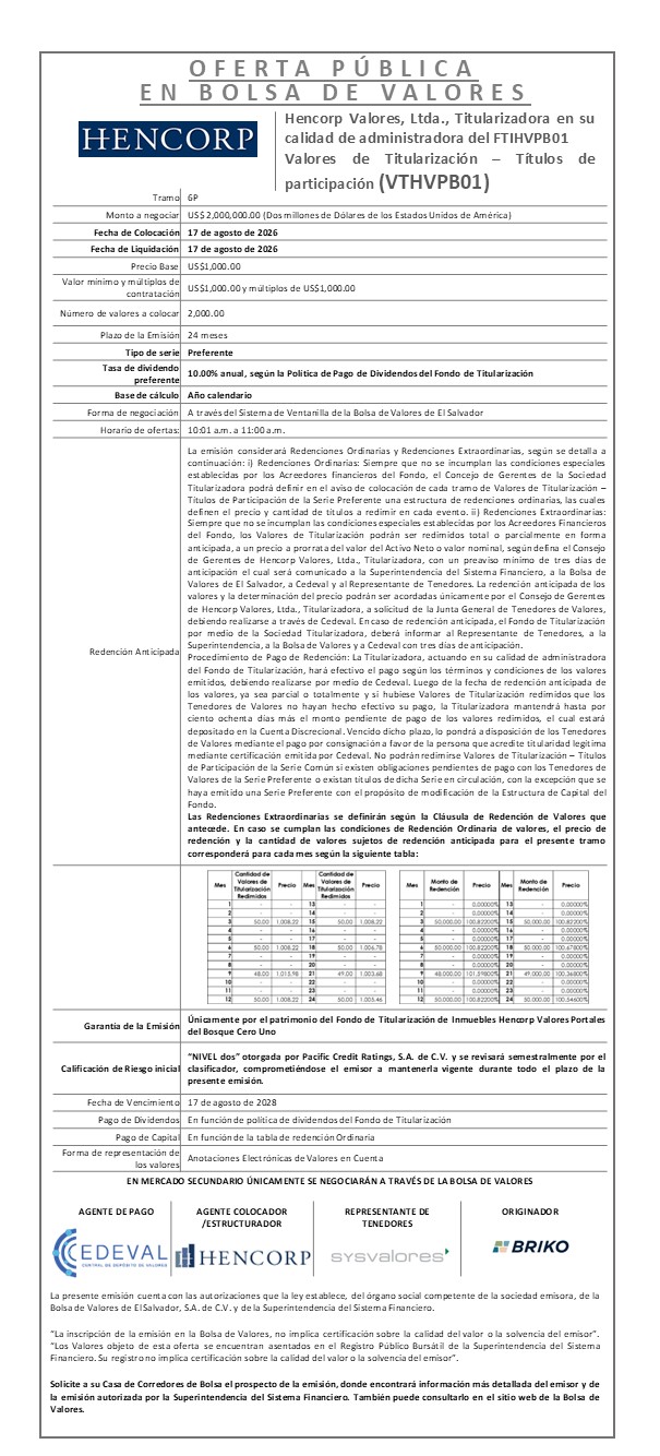 AVISO DE COLOCACION FTIHVPB01 T6P
