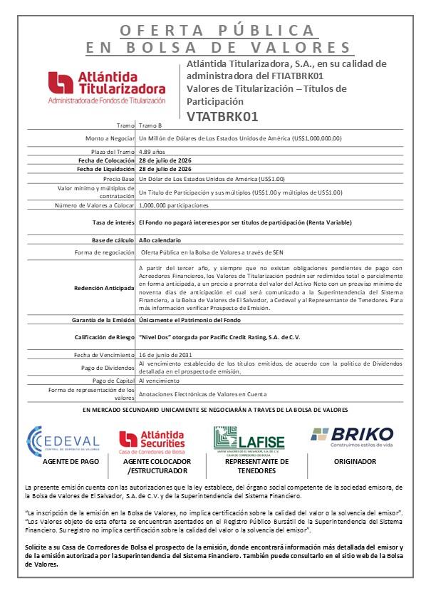 Aviso de Colocación VTATBRK01 TRAMO B