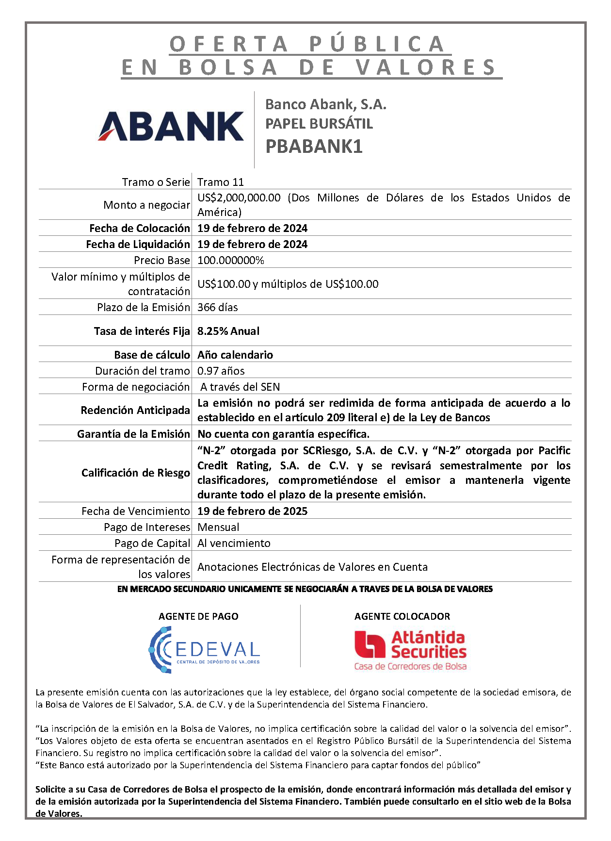 AVISO COLOCACION PBABANK1 T 11