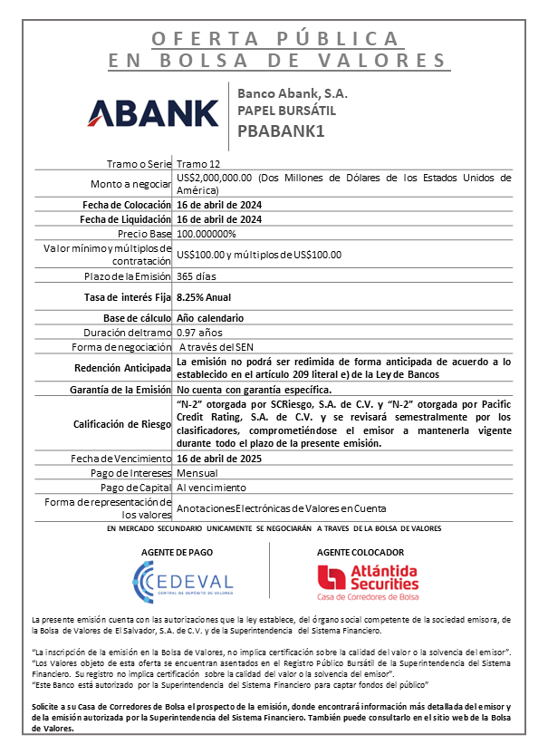 AVISO COLOCACION PBABANK1 T 12