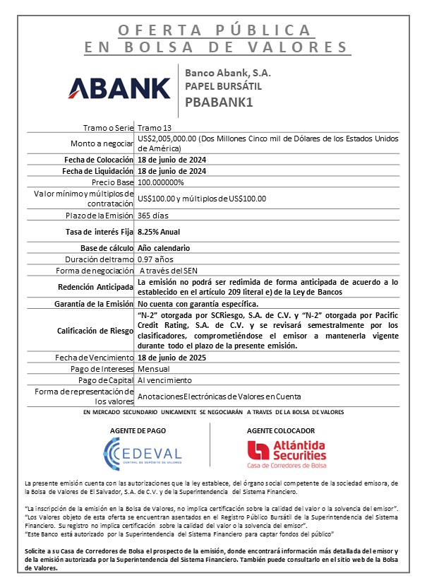 AVISO COLOCACION PBABANK1 T 13