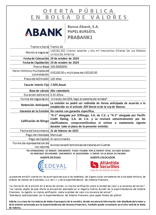 AVISO COLOCACION PBABANK T 16
