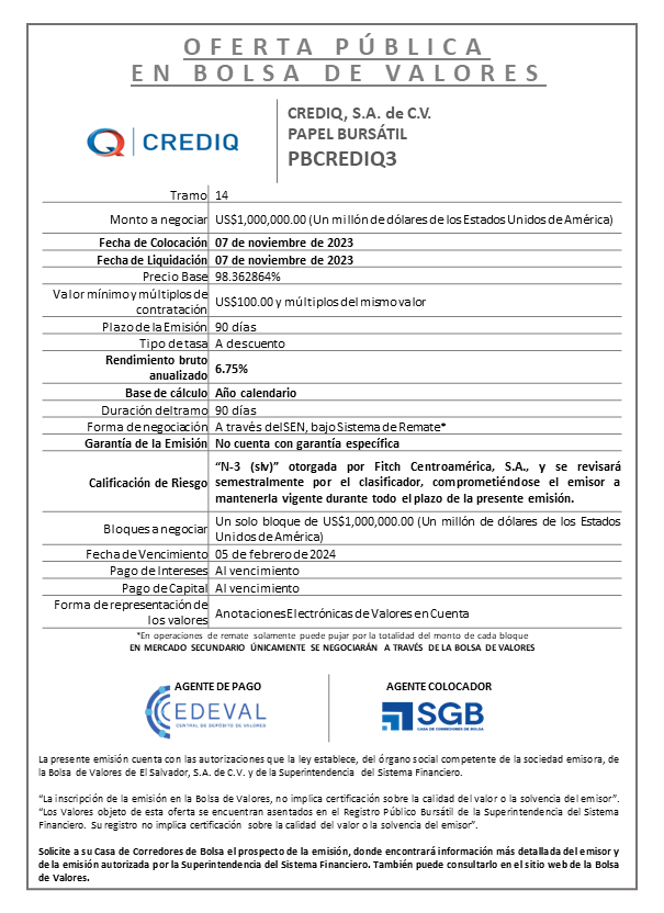 AVISO COLOCACION PBCREDIQ3 T 14