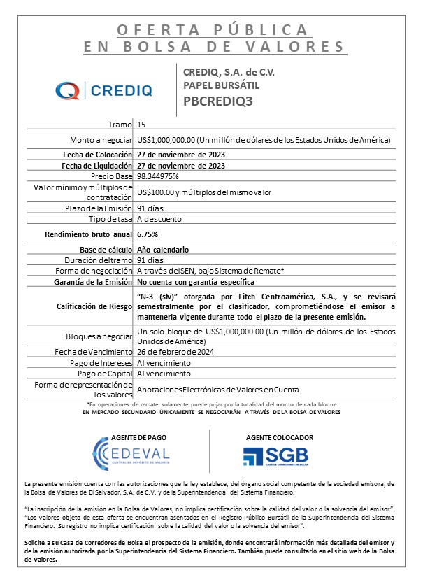 AVISO COLOCACION PBCREDIQ3 T 15