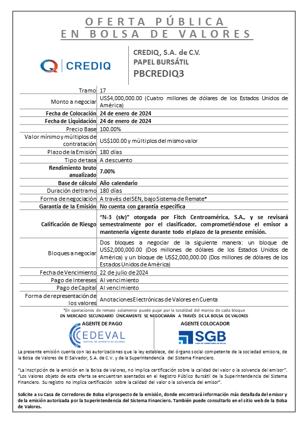 AVISO COLOCACION PBCREDIQ3 T 17