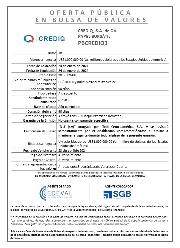 AVISO COLOCACION PBCREDIQ3 T 18