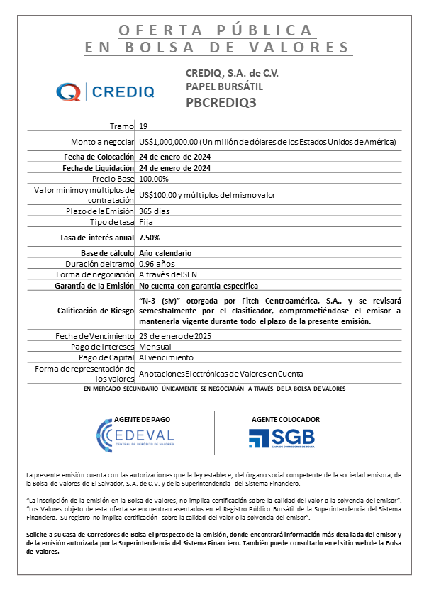 AVISO COLOCACION PBCREDIQ3 T 19