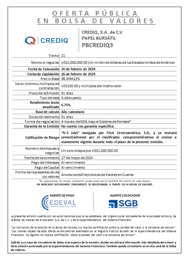 AVISO COLOCACION PBCREDIQ3 T 21