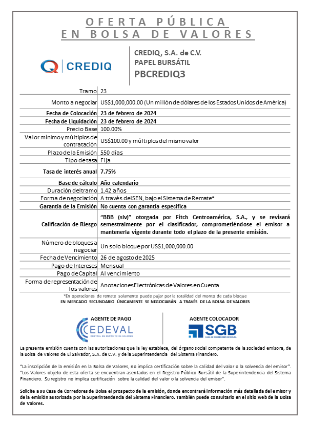 AVISO COLOCACION PBCREDIQ3 T 23