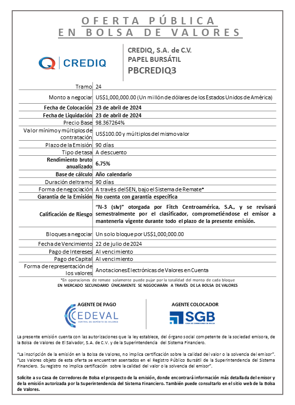 AVISO COLOCACION PBCREDIQ3 T 24