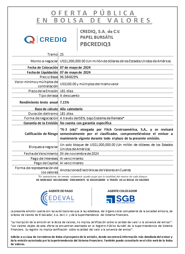 AVISO COLOCACION PBCREDIQ3 T 25