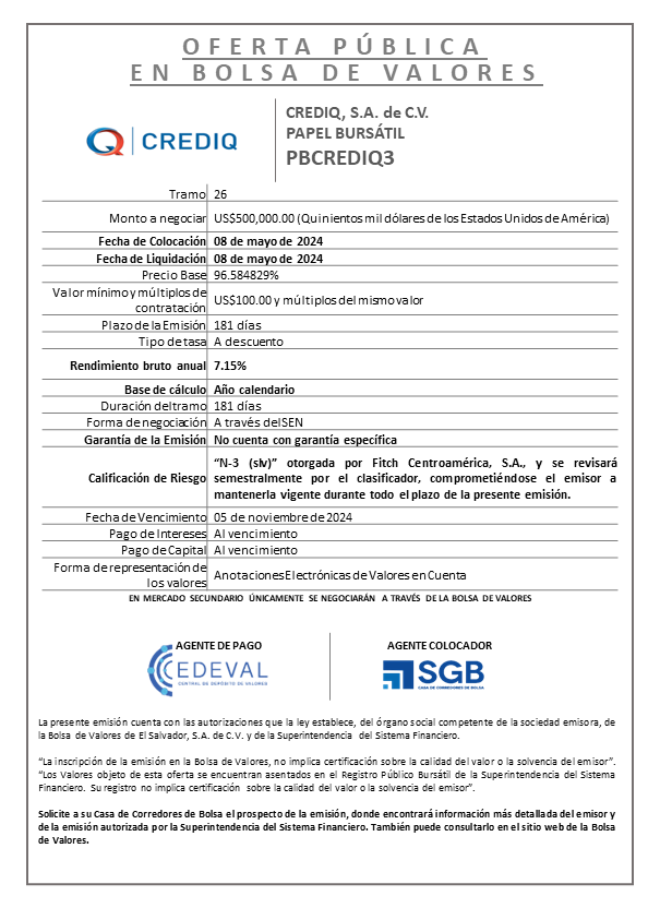 AVISO COLOCACION PBCREDIQ3 T 26