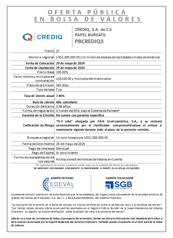 AVISO COLOCACION PBCREDIQ3 T 27