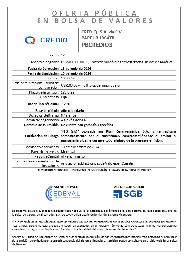AVISO COLOCACION PBCREDIQ3 T 28