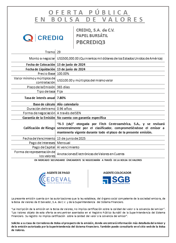 AVISO COLOCACION PBCREDIQ3 T 29