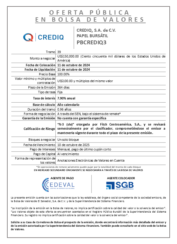 AVISO COLOCACION PBCREDIQ3 T 39
