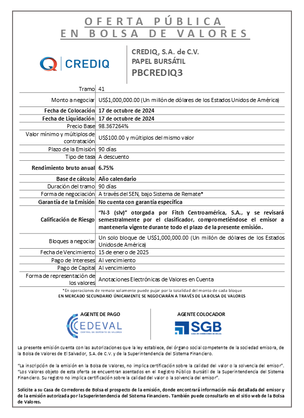 AVISO COLOCACION PBCREDIQ3 T 41