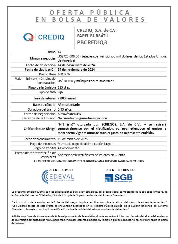 AVISO COLOCACION PBCREDIQ3 T 44
