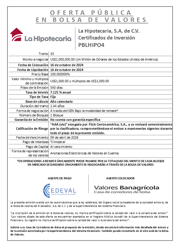 AVISO COLOCACION PBHIPO4 T 33
