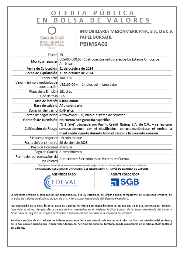 AVISO COLOCACION PBIMSA02 T49